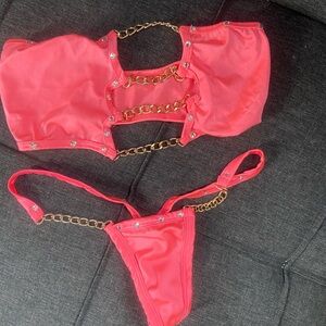Exotic Dancer Neon Coral Chain Accent Bikini Set